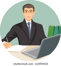 Man in suit sitting at table behind computer. Male in glasses writing notes on piece of paper in front of open notebook vector illustration web button