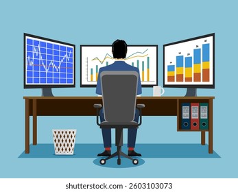 Man in suit sitting at table on workplace in office. Financial Graphs and charts on computer screen. Vector illustration.