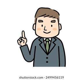 A man in a suit smiling and pointing up.