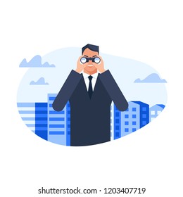 Man in suit standing among city buildings and watching through binoculars . Flat style vector illustration isolated on white background