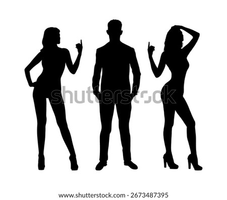 A man in suit standing between two beautiful sexy women black silhouette.