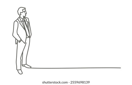 Man in a suit is standing in front of a wall. He is looking at something in the distance. Hand drawn vector illustration. Black and white.