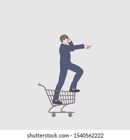 man in a suit is standing on a grocery cart looking ahead and pointing.  Hand drawn style vector illustration design.
