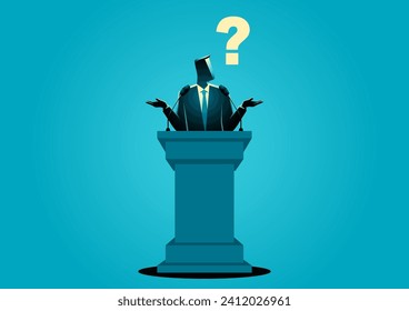 Man in a suit standing at a podium, with a big question mark above his head, symbolizing incompetence and indecision, challenges associated with leadership, metaphor for uncertainty in crucial moments