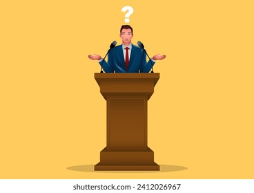 Man in a suit standing at a podium, with a question mark above his head, symbolizing incompetence and indecision, challenges associated with leadership, metaphor for uncertainty in crucial moments