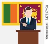 Man in suit standing at rostrum Front of Srilanka Country Flag Pointing to the flag. business man Presentation conference concept. Modern flat design vector background illustration.
