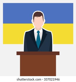Man in suit standing at rostrum Front of UKRAINE Country Flag. business man Presentation conference concept. Modern flat design vector illustration. Country Flag background