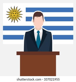 Man in suit standing at rostrum Front of Uruguay Country Flag. business man Presentation conference concept. Modern flat design vector illustration. Country Flag background
