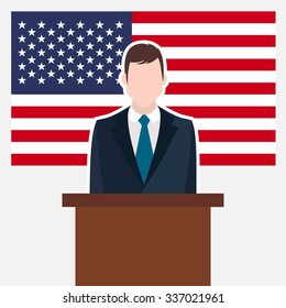 Man in suit standing at rostrum Front of USA Country Flag. business man Presentation conference concept. Modern flat design vector illustration. Country Flag background