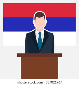 Man in suit standing at rostrum Front of Republika Srpska Country Flag. business man Presentation conference concept. Modern flat design vector illustration. Country Flag background