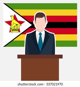 Man in suit standing at rostrum Front of Zimbabwe   Country Flag. business man Presentation conference concept. Modern flat design vector illustration. Country Flag background