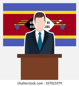 Man in suit standing at rostrum Front of Swaziland Country Flag. business man Presentation conference concept. Modern flat design vector illustration. Country Flag background