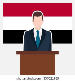 Man in suit standing at rostrum Front of Yemen Country Flag. business man Presentation conference concept. Modern flat design vector illustration. Country Flag background