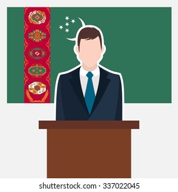 Man in suit standing at rostrum Front of Turkmenistak Country Flag. business man Presentation conference concept. Modern flat design vector illustration. Country Flag background