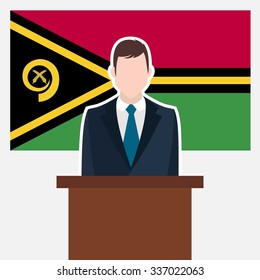 Man in suit standing at rostrum Front of XXX Country Flag. business man Presentation conference concept. Modern flat design vector illustration. Country Flag background