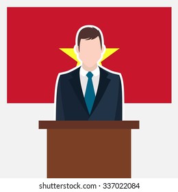 Man in suit standing at rostrum Front of Vietnam   Country Flag. business man Presentation conference concept. Modern flat design vector illustration. Country Flag background