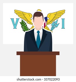 Man in suit standing at rostrum Front of Virgin Islands US Country Flag. business man Presentation conference concept. Modern flat design vector illustration. Country Flag background