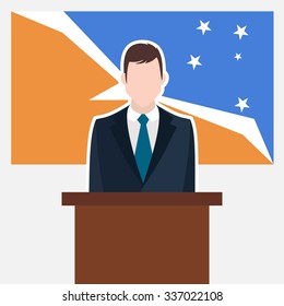 Man in suit standing at rostrum Front of Tierra del Fuego province Argentina Country Flag. business man Presentation conference concept. Modern flat design vector illustration. Country Flag background