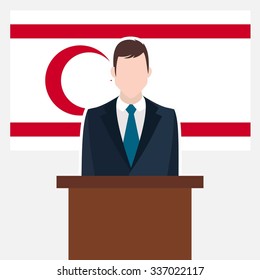 Man in suit standing at rostrum Front of Turkish Republic of Northern Cyprus Country Flag. business man Presentation conference concept. Modern flat design vector illustration. Country Flag background