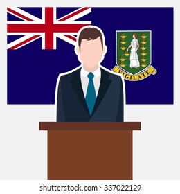 Man in suit standing at rostrum Front of Virgin Islands UK Country Flag. business man Presentation conference concept. Modern flat design vector illustration. Country Flag background