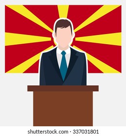 Man in suit standing at rostrum Front of Macedonia Country Flag. business man Presentation conference concept. Modern flat design vector illustration. Country Flag background