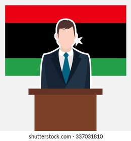 Man in suit standing at rostrum Front of Libya Country Flag. business man Presentation conference concept. Modern flat design vector illustration. Country Flag background