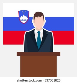 Man in suit standing at rostrum Front of Slovenia Country Flag. business man Presentation conference concept. Modern flat design vector illustration. Country Flag background