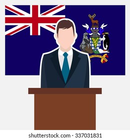 Man in suit standing at rostrum Front of South Georgia Country Flag. business man Presentation conference concept. Modern flat design vector illustration. Country Flag background