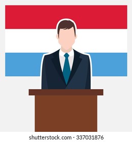 Man in suit standing at rostrum Front of Luxembourg Country Flag. business man Presentation conference concept. Modern flat design vector illustration. Country Flag background