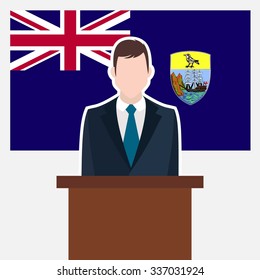 Man in suit standing at rostrum Front of Saint Helena Country Flag. business man Presentation conference concept. Modern flat design vector illustration. Country Flag background