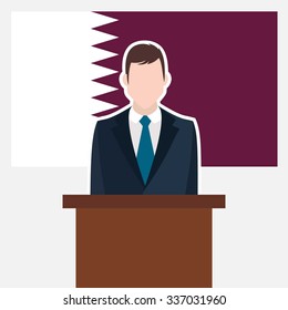 Man in suit standing at rostrum Front of Qatar Country Flag. business man Presentation conference concept. Modern flat design vector illustration. Country Flag background