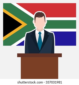 Man in suit standing at rostrum Front of South Africa Country Flag. business man Presentation conference concept. Modern flat design vector illustration. Country Flag background