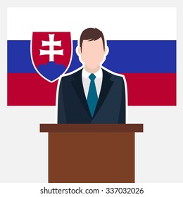 Man in suit standing at rostrum Front of Slovakia Country Flag. business man Presentation conference concept. Modern flat design vector illustration. Country Flag background