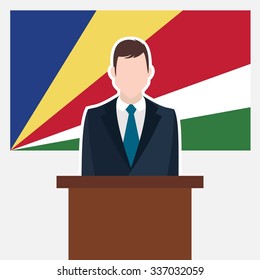 Man in suit standing at rostrum Front of Seychelles Country Flag. business man Presentation conference concept. Modern flat design vector illustration. Country Flag background