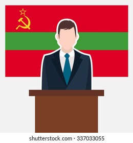 Man in suit standing at rostrum Front of Transnistria Country Flag. business man Presentation conference concept. Modern flat design vector illustration. Country Flag background