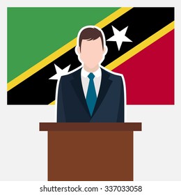 Man in suit standing at rostrum Front of Saint Kitts and Nevis Country Flag. business man Presentation conference concept. Modern flat design vector illustration. Country Flag background