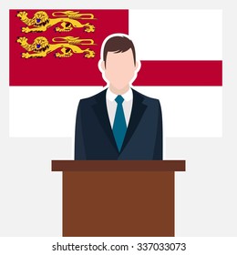 Man in suit standing at rostrum Front of Sark Country Flag. business man Presentation conference concept. Modern flat design vector illustration. Country Flag background