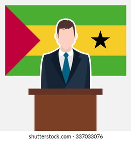 Man in suit standing at rostrum Front of Sao Tome and Principe Country Flag. business man Presentation conference concept. Modern flat design vector illustration. Country Flag background