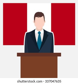 Man in suit standing at rostrum Front of Peru Country Flag. business man Presentation conference concept. Modern flat design vector illustration. Country Flag background