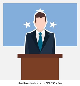Man in suit standing at rostrum Front of Micronesia, Federated States Country Flag. business man Presentation conference concept. Modern flat design vector illustration. Country Flag background