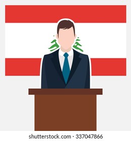 Man in suit standing at rostrum Front of Lebanon Country Flag. business man Presentation conference concept. Modern flat design vector illustration. Country Flag background