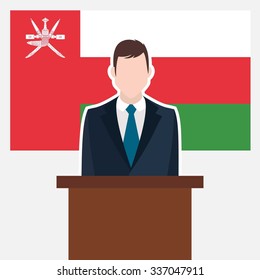 Man in suit standing at rostrum Front of Oman Country Flag. business man Presentation conference concept. Modern flat design vector illustration. Country Flag background