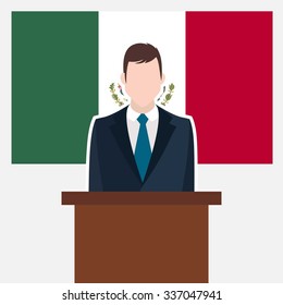 Man in suit standing at rostrum Front of Mexico Country Flag. business man Presentation conference concept. Modern flat design vector illustration. Country Flag background