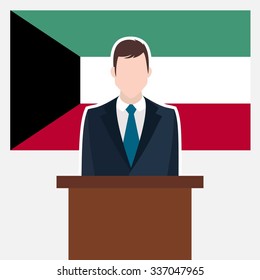 Man in suit standing at rostrum Front of Kuwait Country Flag. business man Presentation conference concept. Modern flat design vector illustration. Country Flag background