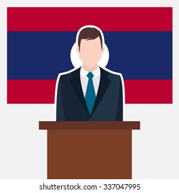 Man in suit standing at rostrum Front of Laos Country Flag. business man Presentation conference concept. Modern flat design vector illustration. Country Flag background