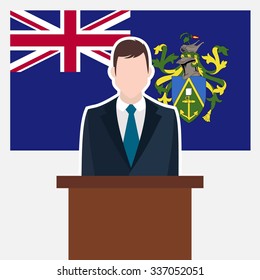 Man in suit standing at rostrum Front of Pitcairn Islnand Country Flag. business man Presentation conference concept. Modern flat design vector illustration. Country Flag background