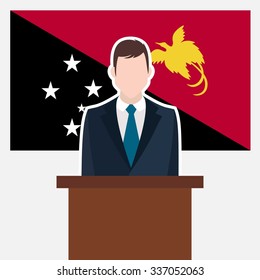 Man in suit standing at rostrum Front of Papua New Guinea Country Flag. business man Presentation conference concept. Modern flat design vector illustration. Country Flag background