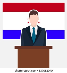 Man in suit standing at rostrum Front of Mordovia Country Flag. business man Presentation conference concept. Modern flat design vector illustration. Country Flag background