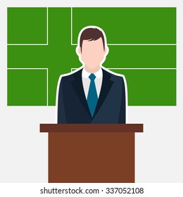 Man in suit standing at rostrum Front of Ladonia Country Flag. business man Presentation conference concept. Modern flat design vector illustration. Country Flag background