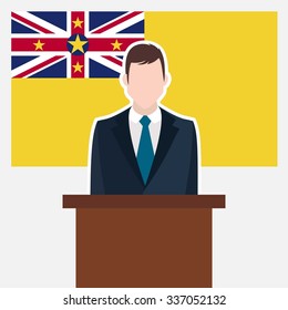 Man in suit standing at rostrum Front of Niue Country Flag. business man Presentation conference concept. Modern flat design vector illustration. Country Flag background